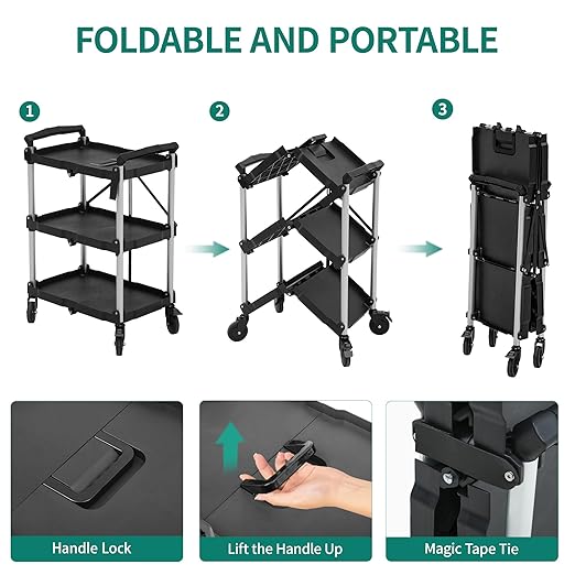 YITAHOME 3-Tier Folding Utility Cart with Wheels, Foldable Service Cart Collapsible Rolling Cart w/ 360° Swivel Wheels & Brake, 350lbs Load Capacity Portable Utility Cart for Kitchen, Warehouse