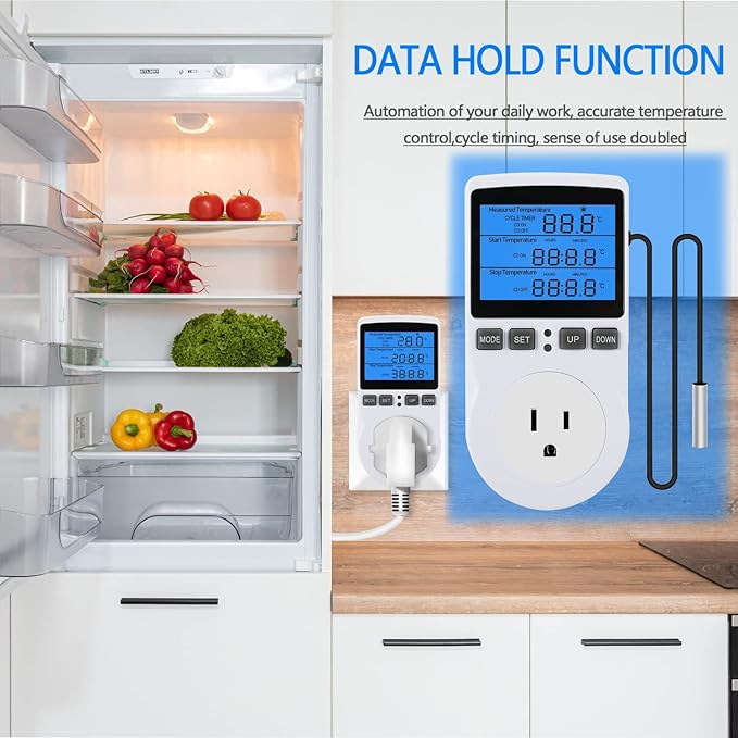 Backlit Digital Temperature Controller, LCD Screen Heating Cooling Thermostat Outlet Socket with Sensor Timer Regulator for Reptile Incubator Greenhouse Brewing Refrigerator, 120V, 15A, ℉/℃