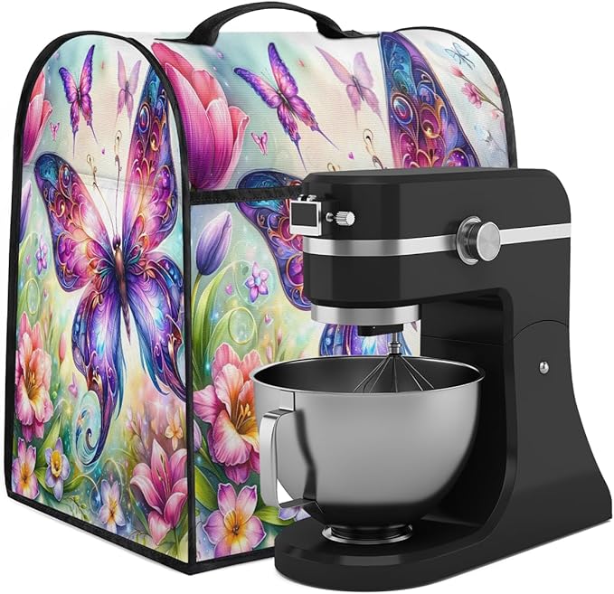 Kitchen Aid Mixer Cover Butterfly Color Flowers Stand Mixer Cover Compatible with 6-8 Quarts Stand Mixers, Dust Covers with Zipper Pocket Foldable Washable Kitchen Aid Organizer Bag