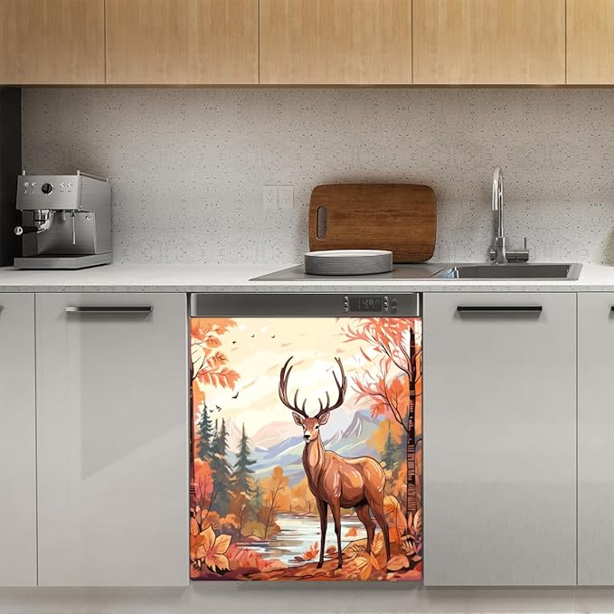 Pastel Autumn Elk Dishwasher Magnet Cover, Reusable Refrigerator Panel Stickers Microwave Front Door Covers Magnets for Kitchen Home Appliances Holiday Party Decorations 23 X 26 in