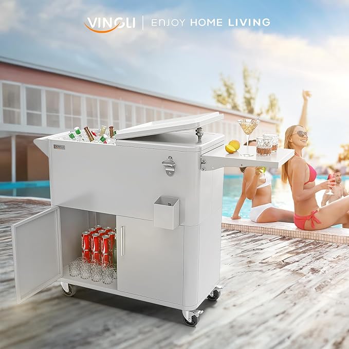 VINGLI Patio Cooler, Ice Chest with Storage Cabinet, Bottle Opener Drainage, Outdoor Cooler for Party, Deck, Pool