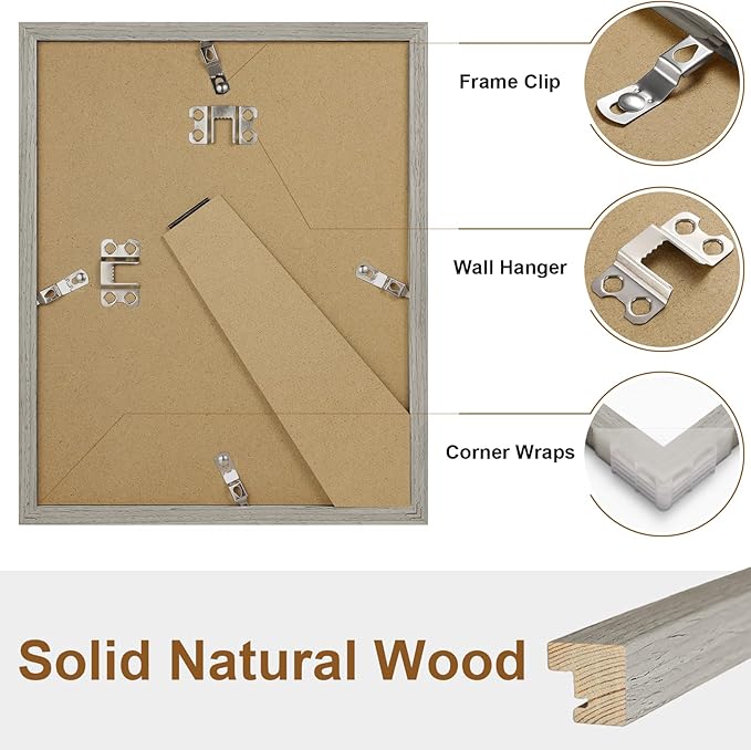 Vittanly 8x10 Picture Frame, Solid Wood Frame with Plexiglass, Includes 5x7 Mat, Wall Hanging or Tabletop for Home Decor, Grey, 1 Pack