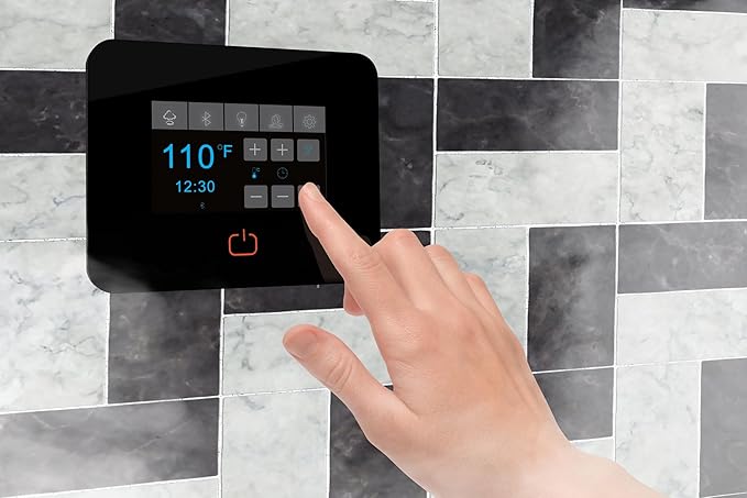 Builders Series 12kW Steam Bath Generator with Quickstart Continuous Steam, Black Digital Touch Pad, Built-in Auto-Drain, and Aroma Steamhead in Brushed Nickel
