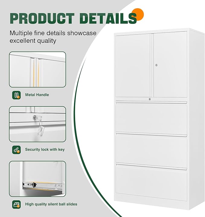Letaya 3 Drawer Metal Storage Cabinets for Home Office,File Cabinet with Lock and 2 Adjust Shelves-Hang Filing Legal/Letter/A4/F4 Size（White）