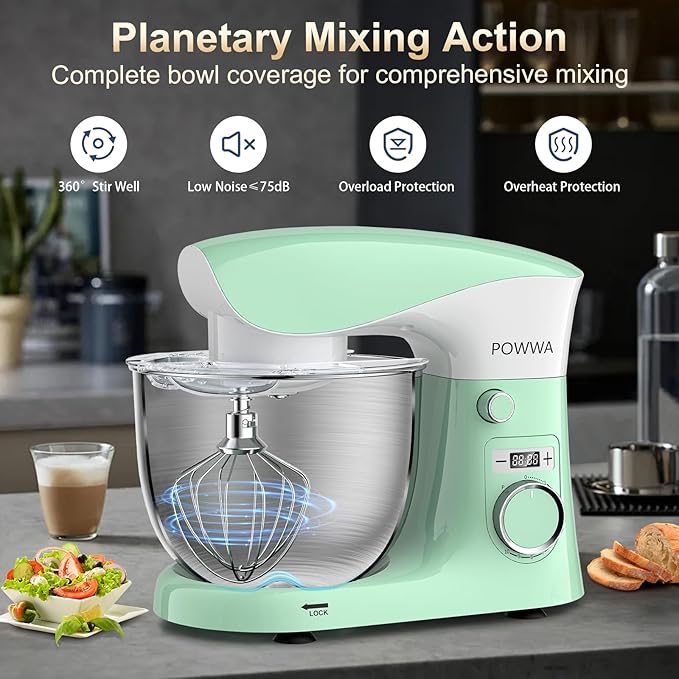 Stand Mixer, 6.5QT 10 Speeds Tilt-Head Electric Stand Mixer, 3-In-1 Kitchen Mixer with Bowl, Dough Hook, Whisk and Beater, Food Mixer for Baking and Daily Use (Green White)