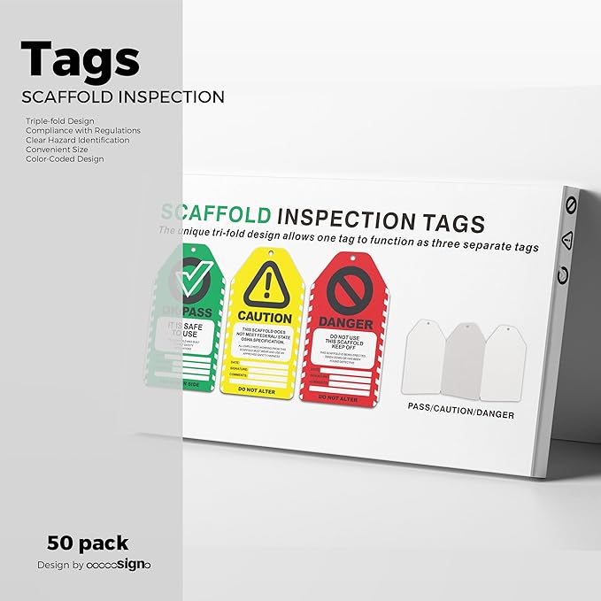 Scaffold Inspection Tags 50 Pack, Performance Never Tear Scaffolding Safety Inspection Tags, Waterproof Scaffold Inspection Tag Outdoor, OSHA Compliant Scaffold Tags Cards Red Yellow Green