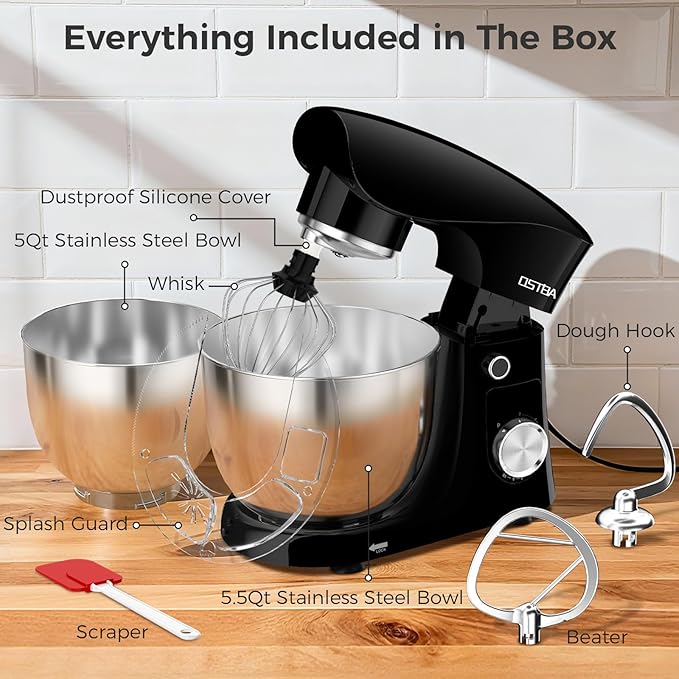 OSTBA Stand Mixer, 5QT+5.5QT Two Bowls Electric Kitchen Mixer, 10+P Speed Dough Mixer with Whisk, Beater & Dough Hook, Dishwasher Safe, Black