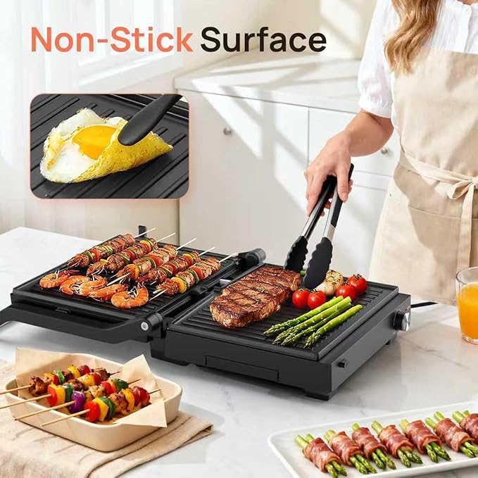 Electric Indoor Grill, 14'' Panini Press Grill, 1600W Electric Grill for Steak, Burger, Sandwich, 450℉ Dual Cooking Plates, 180° Flat Griddle, Removable Non-stick Grill & Drip Tray, Dishwasher Safe