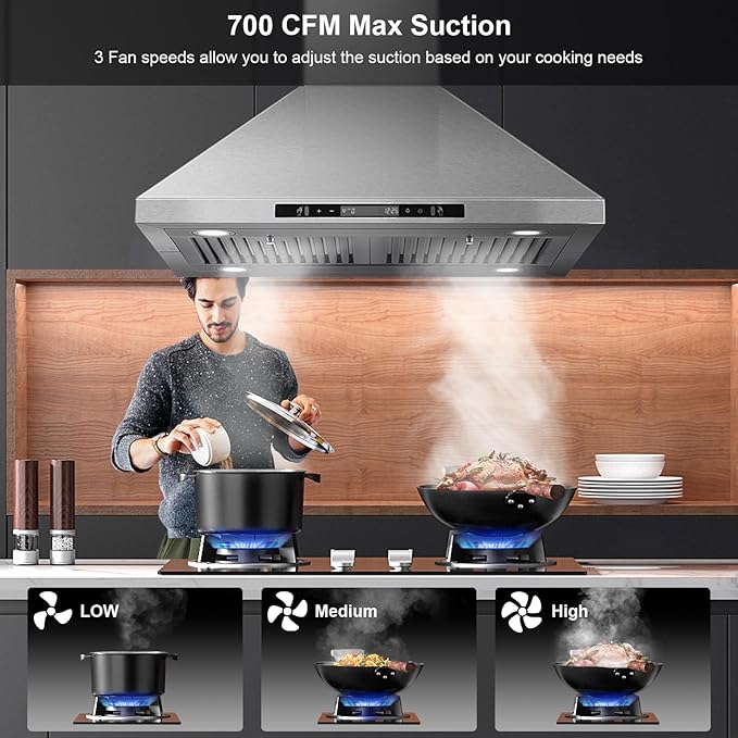 30" Island Range Hood 700 CFM Ceiling Mount Kitchen Vent Hood with Gesture/Touch Control, 3-Speed Fan & 4 LED Lights, Convertible Ductless/Duct, Stainless Steel Baffle Filters,Time Setting