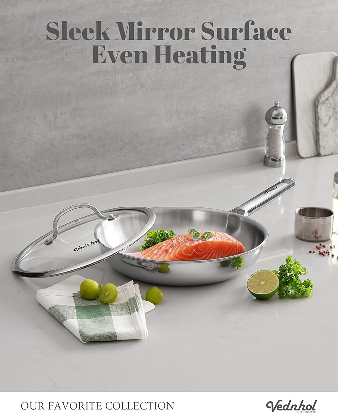 Stainless Steel Pan with Lid,12 Inch Stainless Steel Frying Pan,Tri-Ply Stainless Steel Skillet,Steel Pan for Cooking,PFOA&PTFE Free,Dishwasher and Oven Safe,Induction&All Stove Compatible