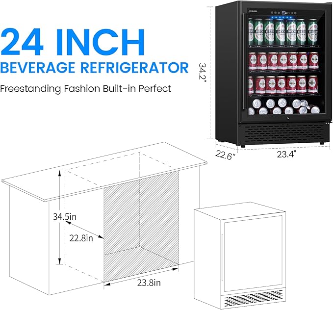 24 Inch Black Beverage Refrigerator Under Counter,190 Cans Beverage Fridge with Glass Door&Lock, Built-in/Freestanding Beverage Cooler for Home Bedroom Bar or Office, Low Noise Compressor