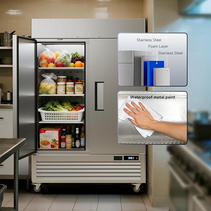 VEECOOL 54.4" W Commercial Refrigerators WiFi-Enabled, 49 cu.ft. Stainless Steel Reach in Fridge with 8 Shelves, APP & Digital Control, LED Lighting for Restaurant, Bar, Cafe, ETL&ETL Sanitation