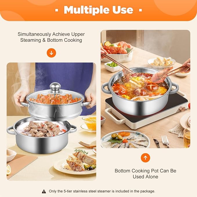 Steamer 26cm/10.24in, 5-tier Stainless Steel Steam Cooker w/Clear Glass Lid & Handles, Home Round Stackable Multipurpose Steam Pot for All Stoves, 12.59 * 15.74in (1xBottom Pot, 4xSteaming Baskets)