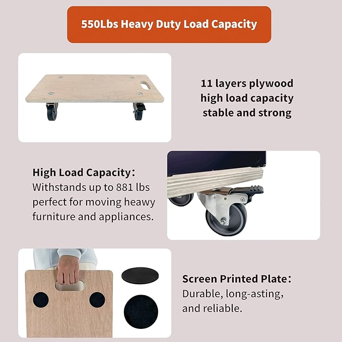 Furniture Mover Dolly Portable Wood Rolling Mover for Heavy Furniture Sofa Cabinet Refrigerator, with 4 360° Rotatable Rubber Universal Wheels, 551 Lbs Capacity, Black (Hardwood Rectangle)