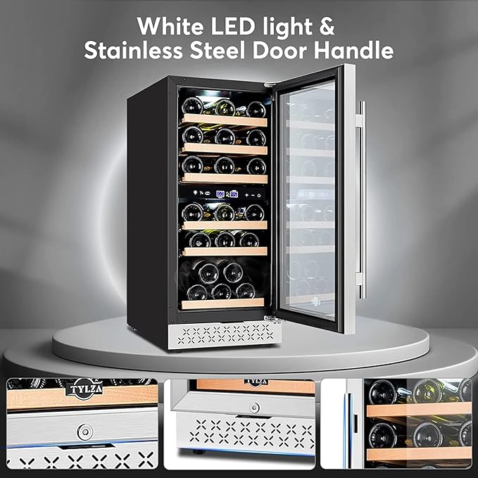 Tylza Mini Fridge 15 Inch Wine Cooler Under Counter, 30 Bottles Dual Zone Wine Fridge with Stainless Steel, Wine Refrigerator Freestanding, Built-in Wine Cellars
