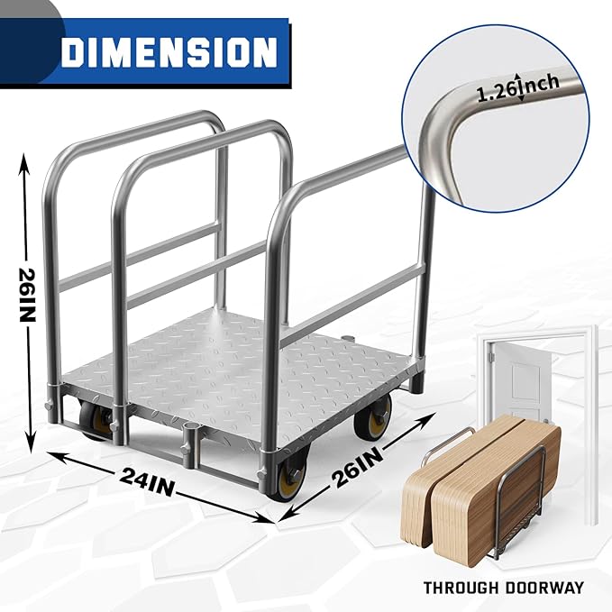 Panel Cart, Heavy Duty Flatbed Cart with 5In Swivel Caster 1500LBS Weight Capacity Lumber Drywall Mattress Cart Transporting Heavy Loads with Ease and Efficiency 2PCS Straps for Platform Truck