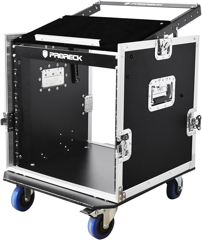 PRORECK 12U Rack/Road Case With Slant Mixer Top, One Side table And Casters, 20'' Rackable Depth, Plywood, 12U Installation Size, Pro Stage Performance.