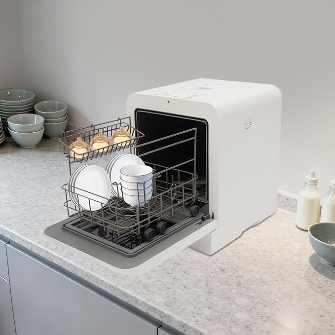 Portable Countertop Dishwasher, 3 Washing Programs Mini Dishwasher with Baby Care, 4L Built-In Water Tank & Dual Water Supply, 162℉ High-Temp, Compact Dishwasher for Dorm Apartment RV