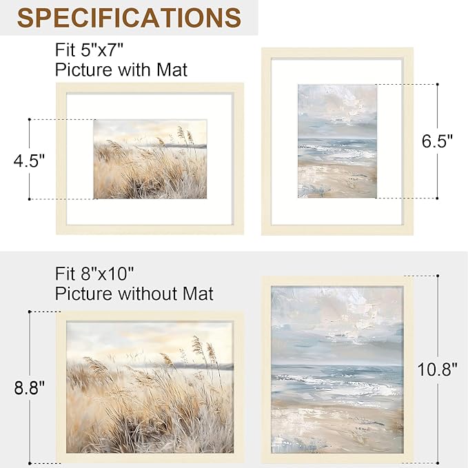 Vittanly 8x10 Picture Frame Set of 2, Solid Wood Frame for Wall or Tabletop, Display Photo 5x7 with Mat or 8x10 without Mat, White