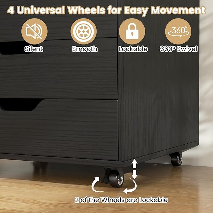 File Cabinet, Mobile Filing Cabinet w/Universal Wheels & 5 Drawers, Wood Printer Stand with Storage, Rolling File Cabinets for Home Office, Living Room, Bedroom (Black, 5 Drawers)