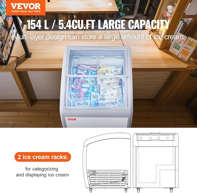 VEVOR Commercial Ice Cream Display Case, 5.4 Cu.ft Chest Freezer, Mobile Glass Top Deep Freezer, Restaurant Gelato Dipping Cabinet with 2 Wire Baskets, 2 Sliding Glass Doors, Locking Casters, White