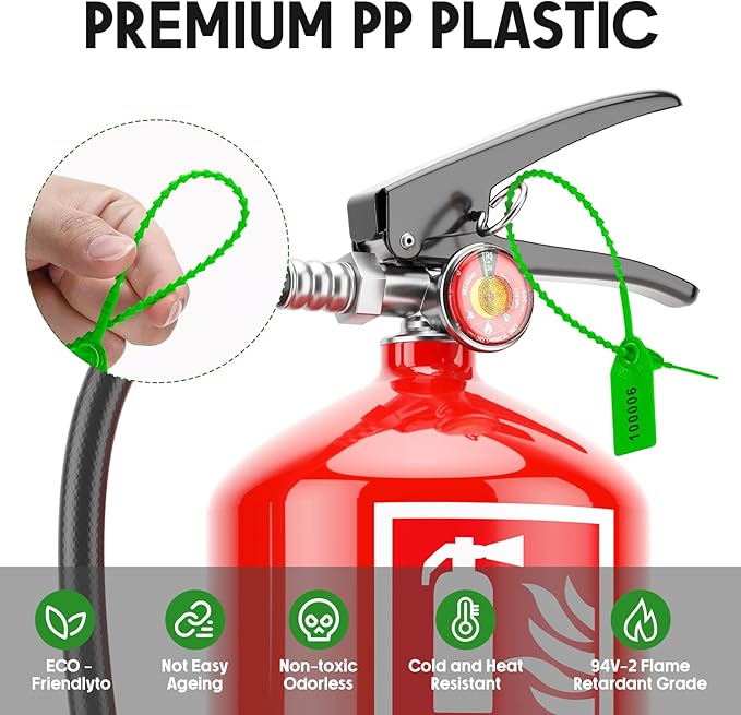 1000 Pcs Plastic Tamper Seals Fire Extinguisher Tags Security Tags Seals Safety Numbered Zip Ties Labels Safety Disposable Self Locking Signage 250 mm Length (Green)