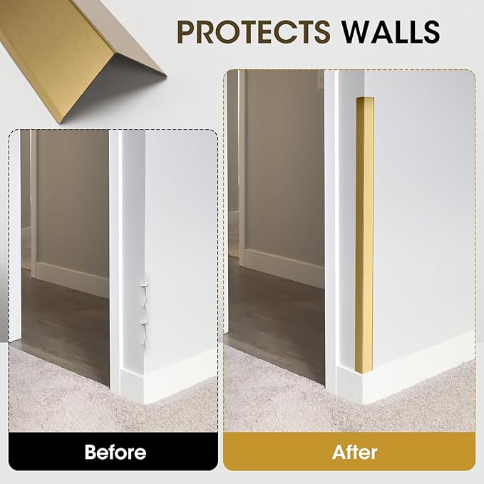 Stainless Steel Wall Corner Guards, 2 x 2 x 48 inches (Golden 10 Pcs Pack). Made of 304 Steel, These 90-Degree Angle Metal Corner Protectors are Designed for Wall Protection and Decoration