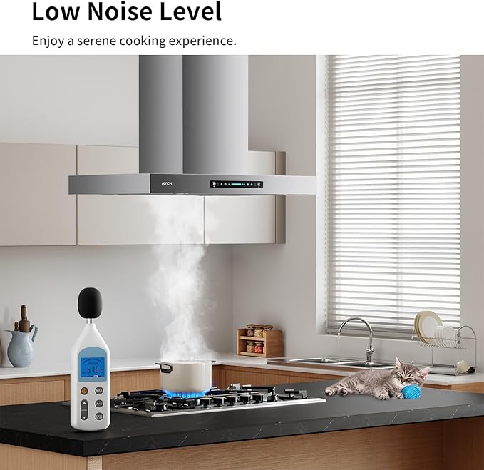 IKTCH Upgrated 42 inch Island Mount Range Hood, 900 CFM Ducted Range Hood with 4 Speed Fan, Stainless Steel with Gesture Sensing & Touch Control Making life Smarter IKIS02-42