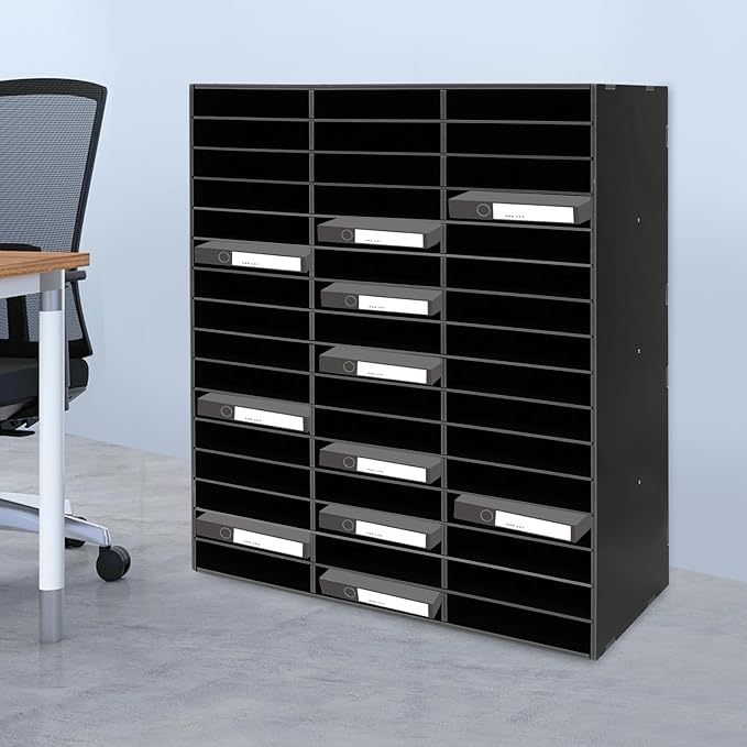 48 Compartments Literature Organizer,16 Layer Mail Sorter Organizer with Adjustable Shelves, File Sorter Mail Center Paper Storage Cabinet for Office Home (Black)