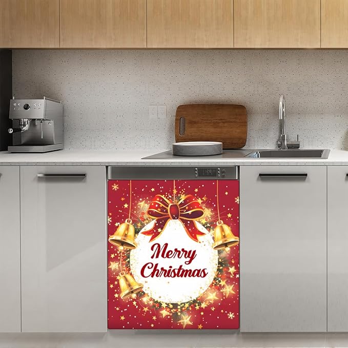 Merry Christmas Bell Bow Dishwasher Magnet Cover, Reusable Refrigerator Panel Stickers Microwave Front Door Covers Magnets for Kitchen Home Appliances Holiday Party Decorations 23 X 26 in