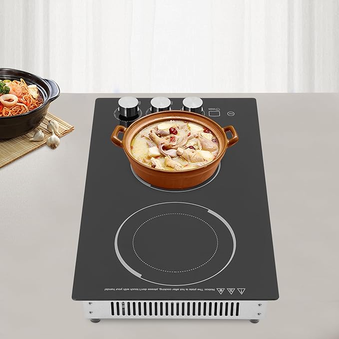 2-Burner Electric Cooktop, 20 Inch Electric Stovetop, Built-in Induction Stove Top for Home Kitchen, Stainless Steel Glass Ceramic Cooktop with Child Lock