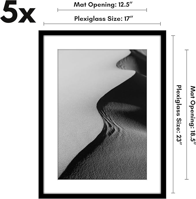 Americanflat 17x23 Picture Frame with Polished Plexiglass - Set of 5 - Use as 13x19 Frame with Mat or Display 17x23 Photo Without Mat - Galleria Collection - Picture Frames for Wall Display - Black