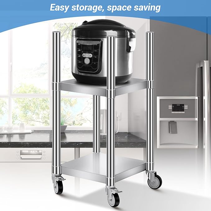 Shimeyao 14" x 14" x 31" Rice Warmer Stand Stainless Steel Rice Warmer Stand with 2 Shelves and 4 Casters Cooking Equipment Storage for Kitchen Restaurant