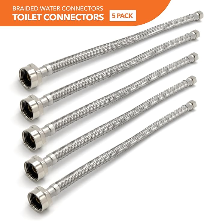 Stainless Steel Braided Water Connectors with Reinforced PVC Inner Hose for Toilets, 3/8" Compression x 7/8" Metal Ballcock, 16" Length (5Pack)