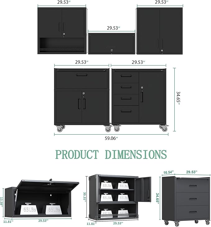 Metal Tool Cabinet,Garage Storage Cabinet System,Wall Cabinet & Locking Rolling Tool Cabinet with Doors and Adjustable Shelves,Steel Tool Cabinets for Home (5 Pcs-StyleC, Black)