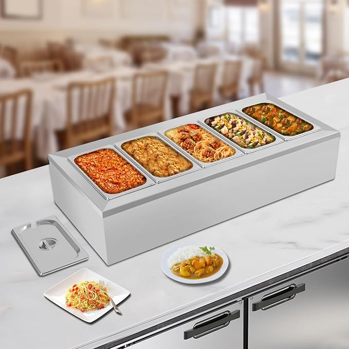 Pizza Topping Station with 5 Pans & Lids, Stainless Steel Condiment Prep Station Food Container Pans, (Country Rustic)