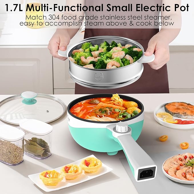 Audecook Hot Pot Electric, 1.7L Mini Electric Skillet Portable Nonstick Sauté Pan with Power Adjustment, Ramen Cooker Travel Multicooker for Steak/Soup/Egg/Oatmeal/Noodles (Tongs for Cooking Included)