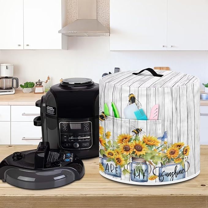 Insulated Pressure Cooker Appliance Cover, Also Fit for Rice Cooker, Air Fryer and Crock Pot, 6 Quart Dust Cover with Pocket for Spoon/Cooking Utensils/Recipes, Washable, Sunflower Vase Bee