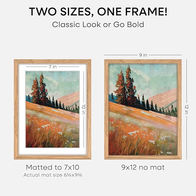 Homeforia 9x12 Picture Frame Wood, High End Natural Oak 9 x 12 Light Wooden Frames with Mat 7 by 10 Photo, 9by12 Frame Matted to 7x10 Print, Wall or Tabletop Frames, Tempered Glass, Wall Kit, Set of 4