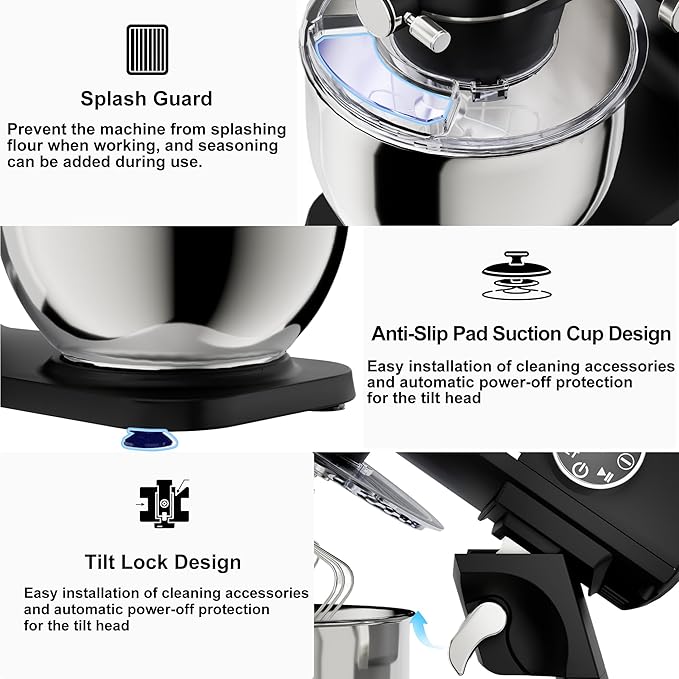 Camic 8.45 QT All Metal Stand Mixer,10 Speed Large Capacity Kitchen Mixer with Digital Timer & Tilt-Head, Electric Mixer with Whisk Dough Hook Mixing Beater for Baking,Cakes,Cookie,Bread,Salad(BLack)