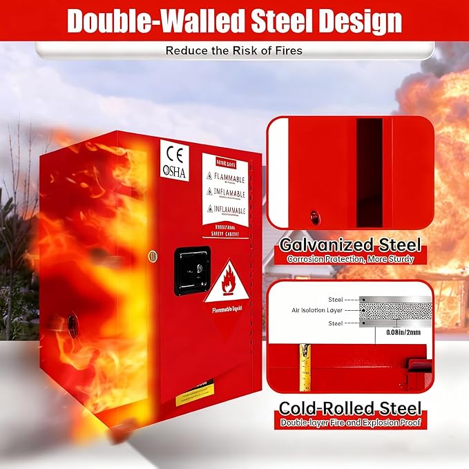 Flammable Storage Cabinet 16 Gallon Red, 18 Gauge Galvanized Steel Chemical Safety Cabinet, 3-Point Locking System & Adjustable Shelf for Warehouses, Industrial Use, Garage & Home