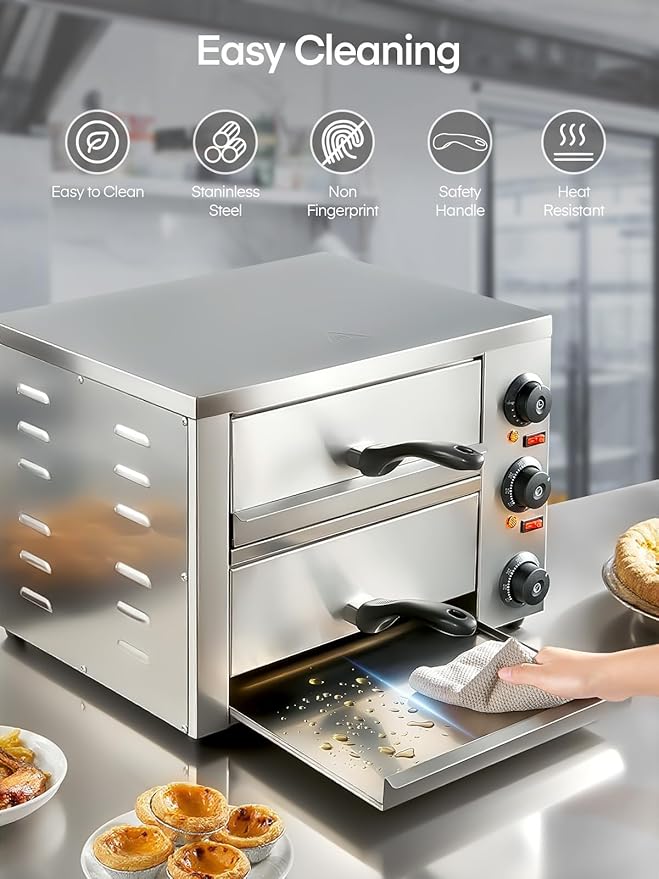 12 Inch Commercial Pizza Oven, Countertop Pizza Ovens with 662°F Max Temp, 2-Layer Electric Pizza Cooker with Alert Timer, 2200W Stainless Steel Pizza-Maker Machine, for Restaurant,Home, Party