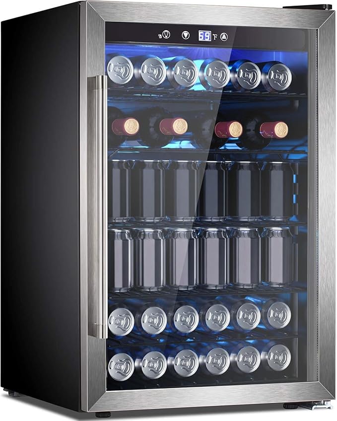 145 Can Beverage Refrigerator, 37 Bottle Wine Fridge with Smart Temperature Control, 4.4 CU FT Quiet Freestanding Mini Fridge with Child Lock Panel for Family Restaurant Bar