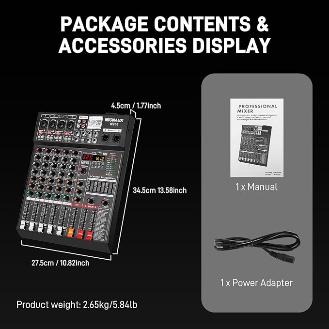 Audio Mixer 6 Channel Professional Sound Console Music Mixer with 320 DSP Effects, 7-band EQ DJ Mixing Board w/USB, Bluetooth, 48V Power Supply, PAD Button for Recording Karaoke PA Drum Live