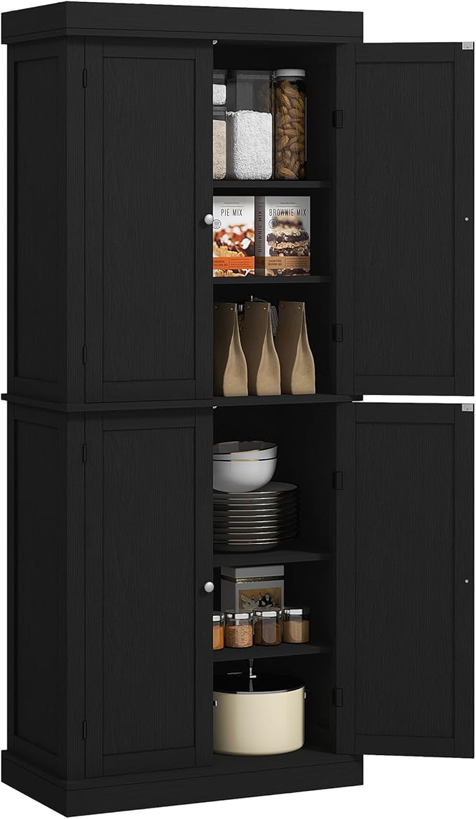 HOMCOM 72.5" Tall Kitchen Pantry Cabinet, Freestanding Modern Farmhouse Kitchen Storage Cabinet with 4 Doors and 2 Adjustable Shelves for Dining Room, Black Wood Grain