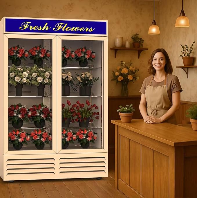Commercial Flower Refrigerator Floral Display Cooler,White 2 Glass Doors Fridge With LED Light Adjustable Shelves,ETLSanitation Approval,42.5Cu Ft,47.2" Wide, Wheels Included