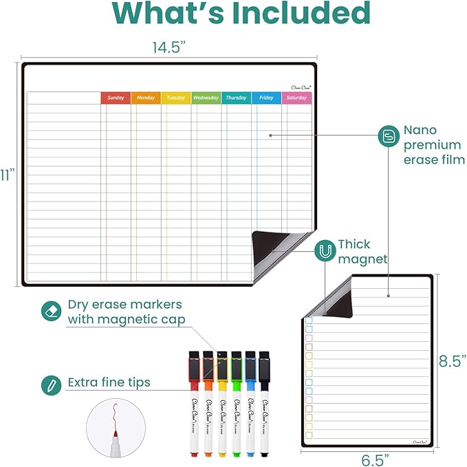 Magnetic Dry Erase Chore Chart - 14.5"x11" Chore Chart for Kids, Teens and Adults - 6.5"x8.5" List Board for Fridge - 6 Extra Fine Point Markers Included - Shipped Flat