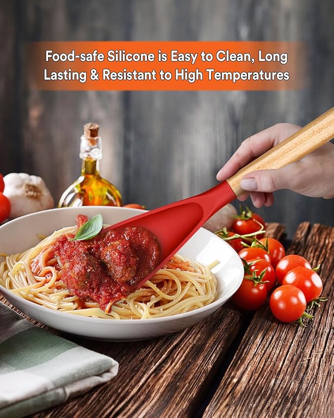 Cooking Spoon for Nonstick Cookwares, Great for Cooking and Serving Sturdy BPA-Free Matte Silicone, Wood Handle Spoon for Mixing, Scoop, and Scrape (RED, 13.4 inch)