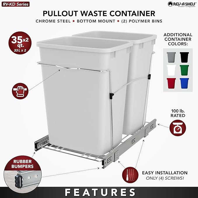 Rev-A-Shelf Double Pullout Trash Can for Kitchen Cabinets 35 Qt Garbage Recycling Bin on Full-Extension Slides, Silver, RV-18KD-17C S