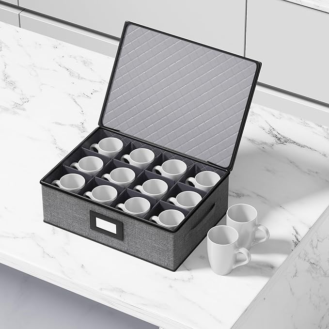 Aokeyee 2-Pack Mug & Cup Storage Box, Hard Shell Storage Container - Holds 24 Coffee Mugs, Teacups & Glasses, Stackable with Lid, Handles, Zippers & Label Slot, for Moving & Protection, Grey